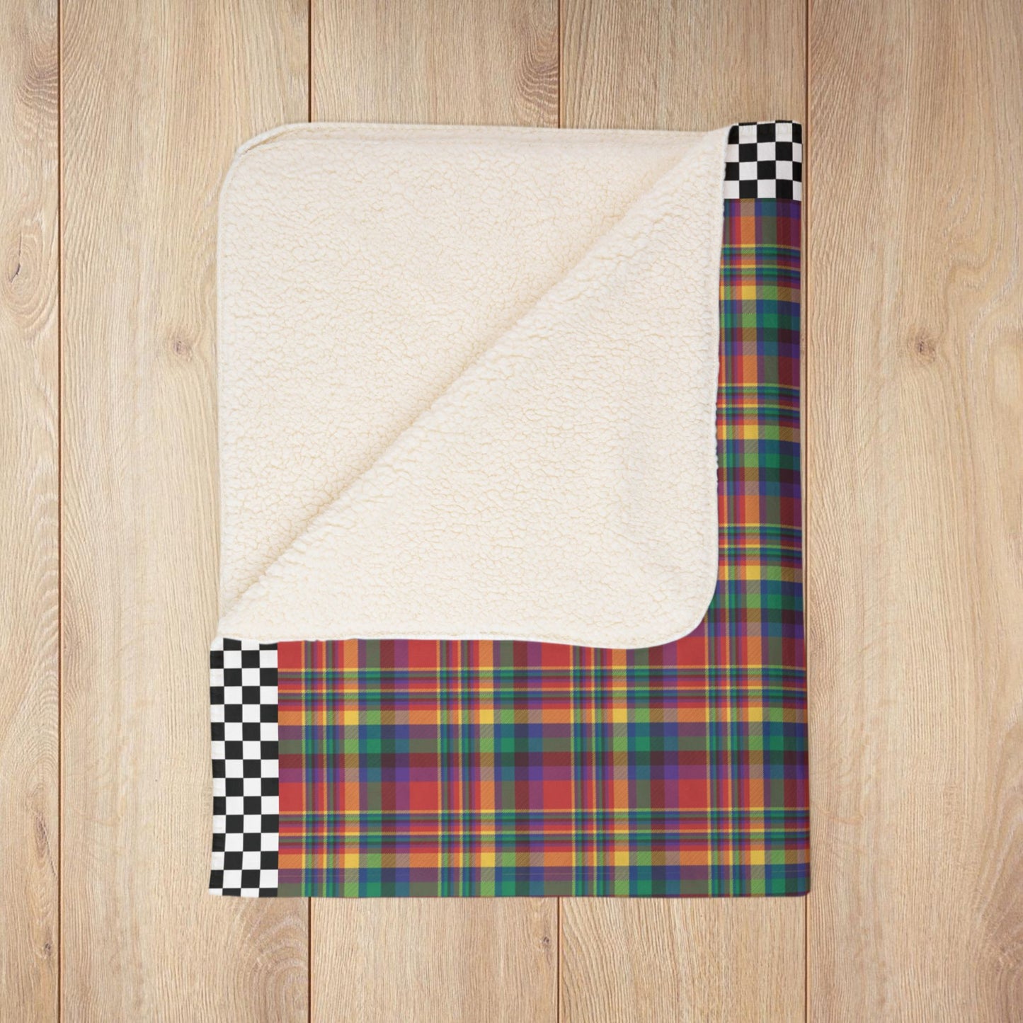 Red, Yellow, Green, Blue & Purple Ohio Plaid with Checkered Edge Fleece Sherpa Blanket