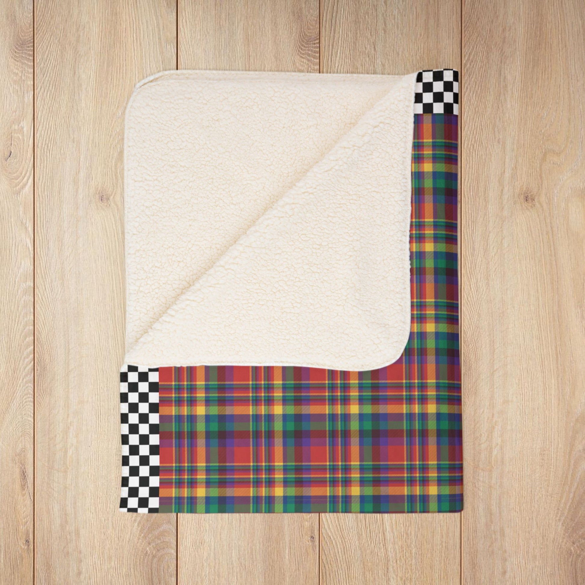 Red, Yellow, Green, Blue & Purple Ohio Plaid with Checkered Edge Fleece Sherpa Blanket