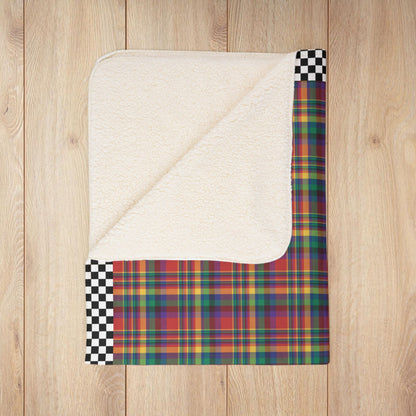 Red, Yellow, Green, Blue & Purple Ohio Plaid with Checkered Edge Fleece Sherpa Blanket