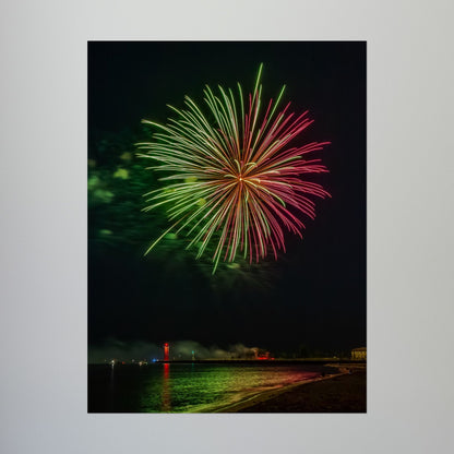 Green & Pink 4th of July Fireworks over Kenosha Pier Light Rolled Poster