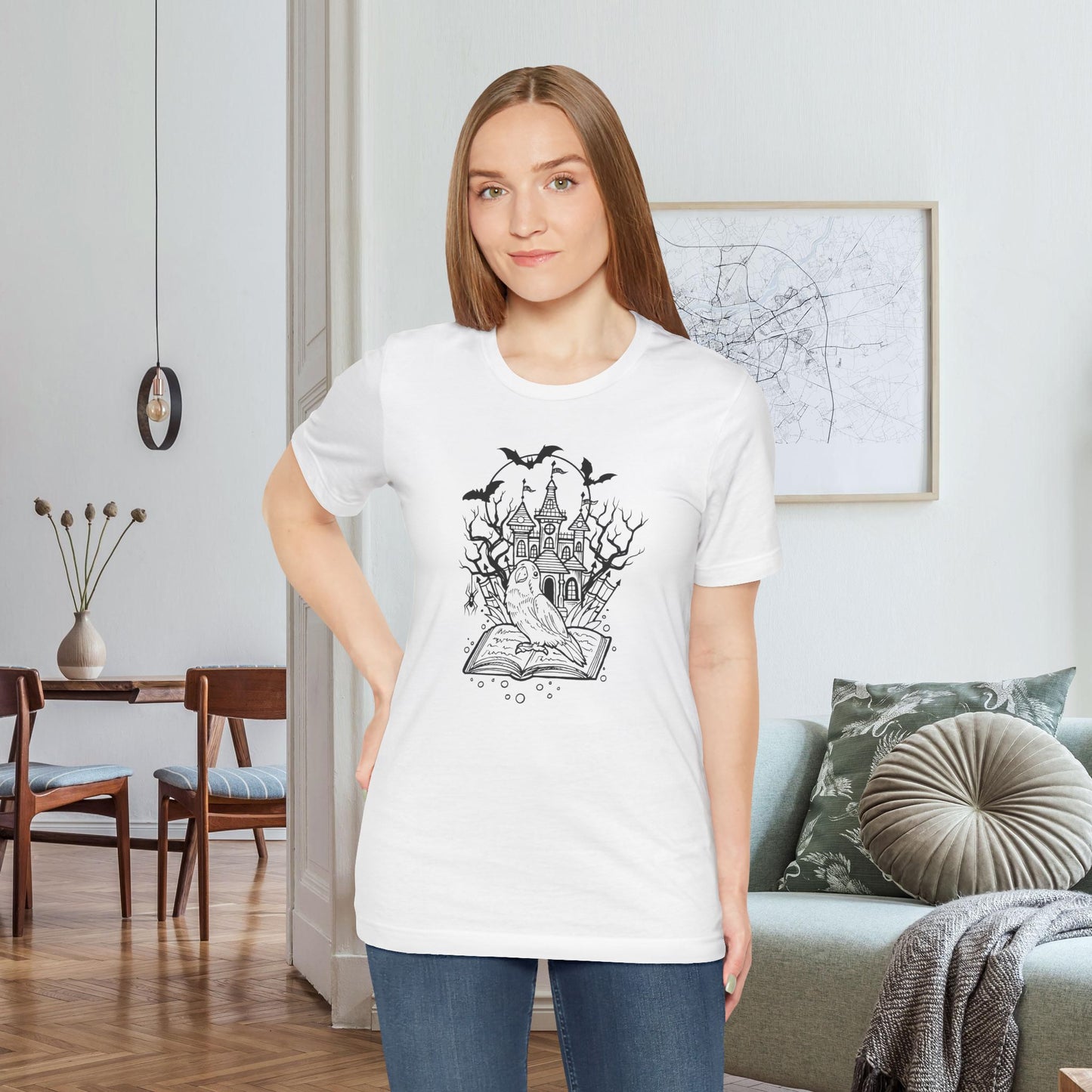 Lovebird on a Spell Book by a Haunted House, Line Art Tee