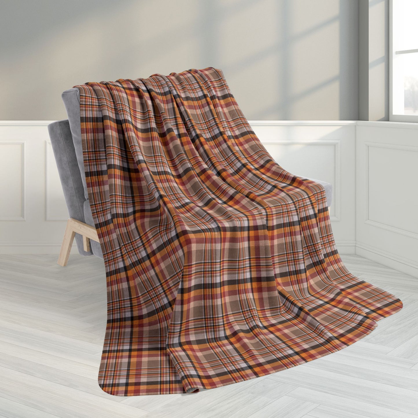 60" × 80" Brown, Red & Orange Ohio Plaid Fleece Sherpa Blanket