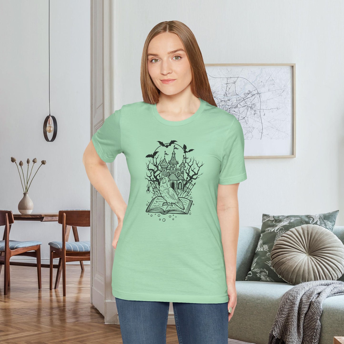 Lovebird on a Spell Book by a Haunted House, Line Art Tee