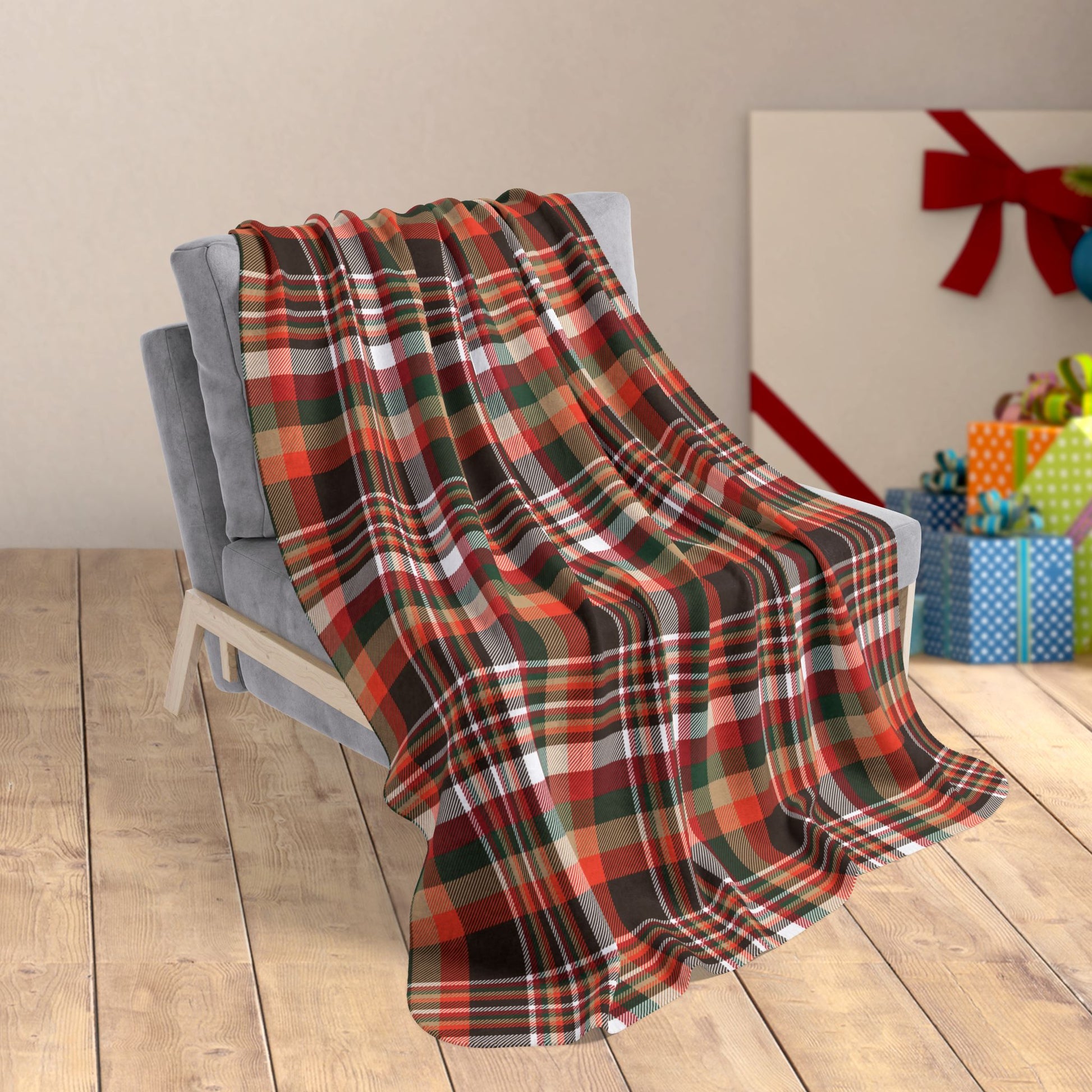 Christmas Brown & Orange Cleveland OH Plaid Fleece Sherpa Blanket