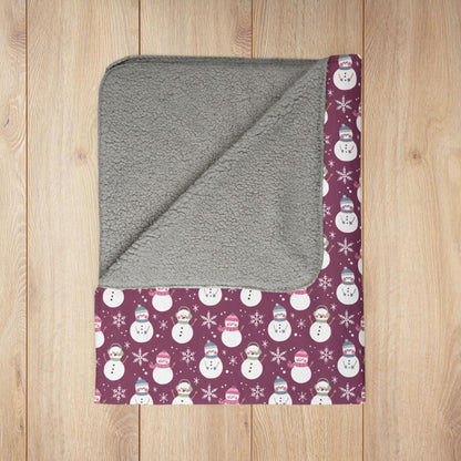 Christmas Pink Pastels Snowman Mauve Fleece Sherpa Blanket