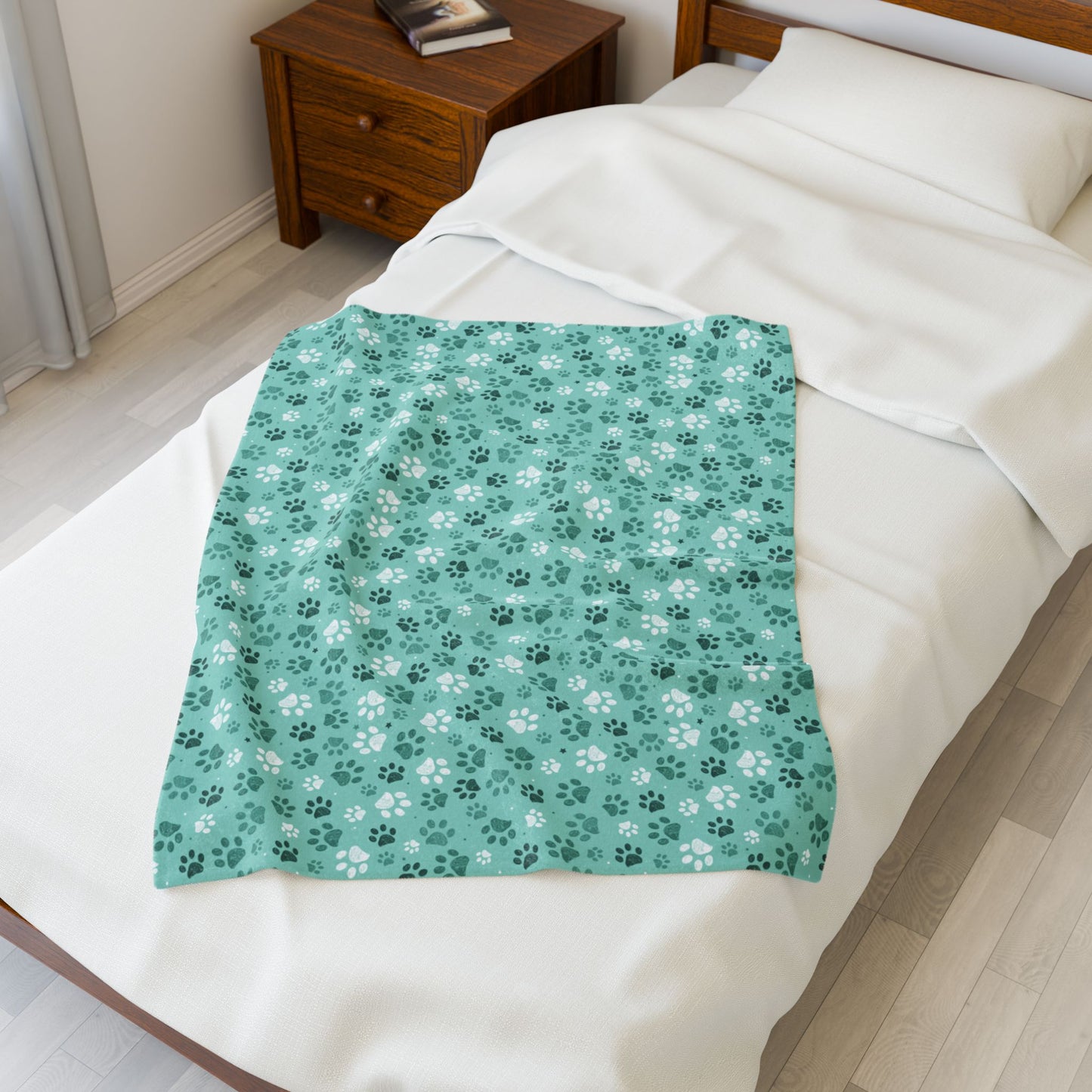 Seagreen Paw Prints Velveteen Plush Blanket