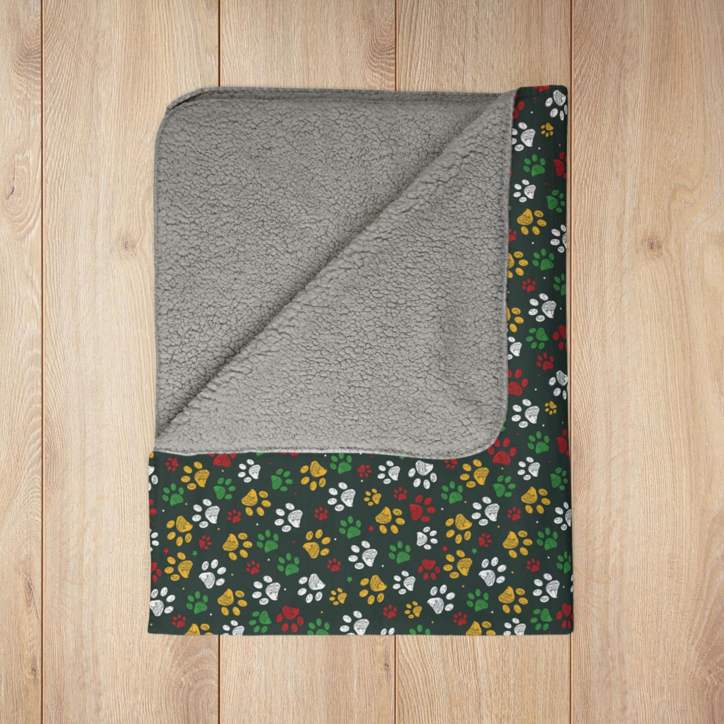 Christmas Green & Gold Paw Prints Green Bay Fleece Sherpa Blanket