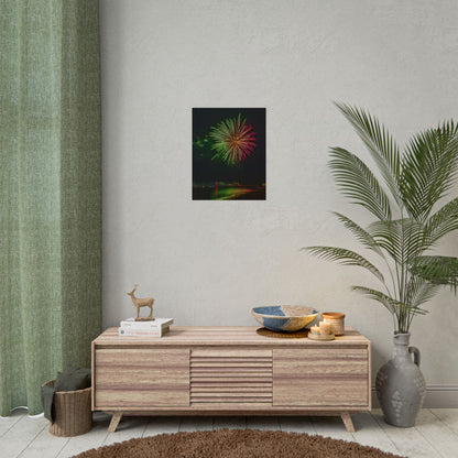 Green & Pink 4th of July Fireworks over Kenosha Pier Light Rolled Poster