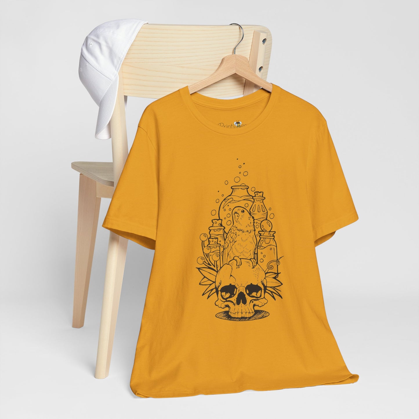 Crazy Scientist Lovebird Sitting on a Skull, Line Art Tee