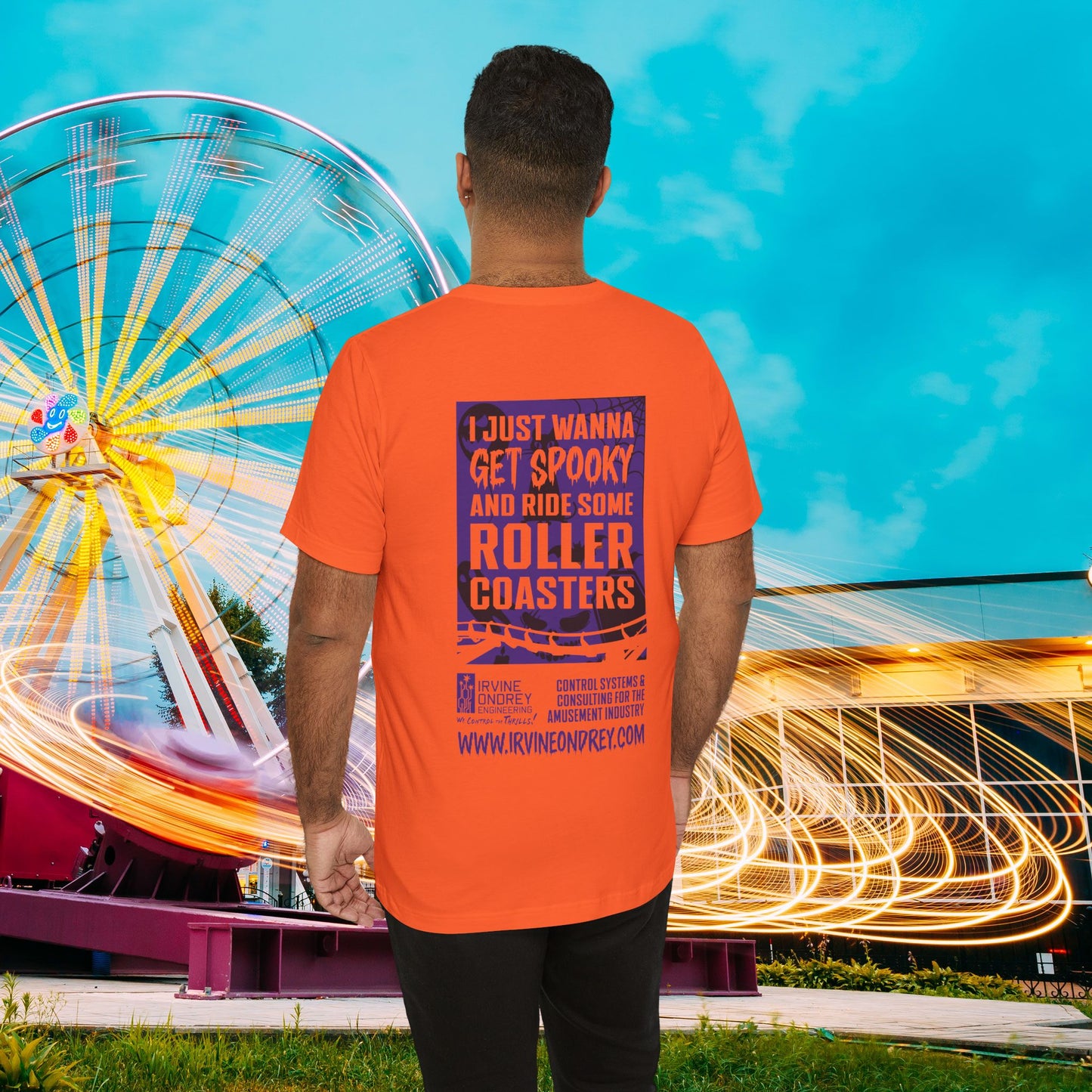 I Just Wanna Get Spooky & Ride Roller Coasters Tee (BACK graphic) • Irvine Ondrey Engineering