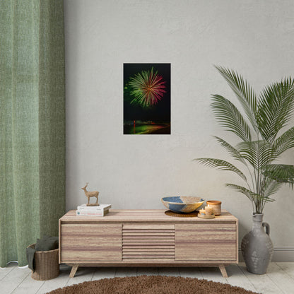 Green & Pink 4th of July Fireworks over Kenosha Pier Light Rolled Poster