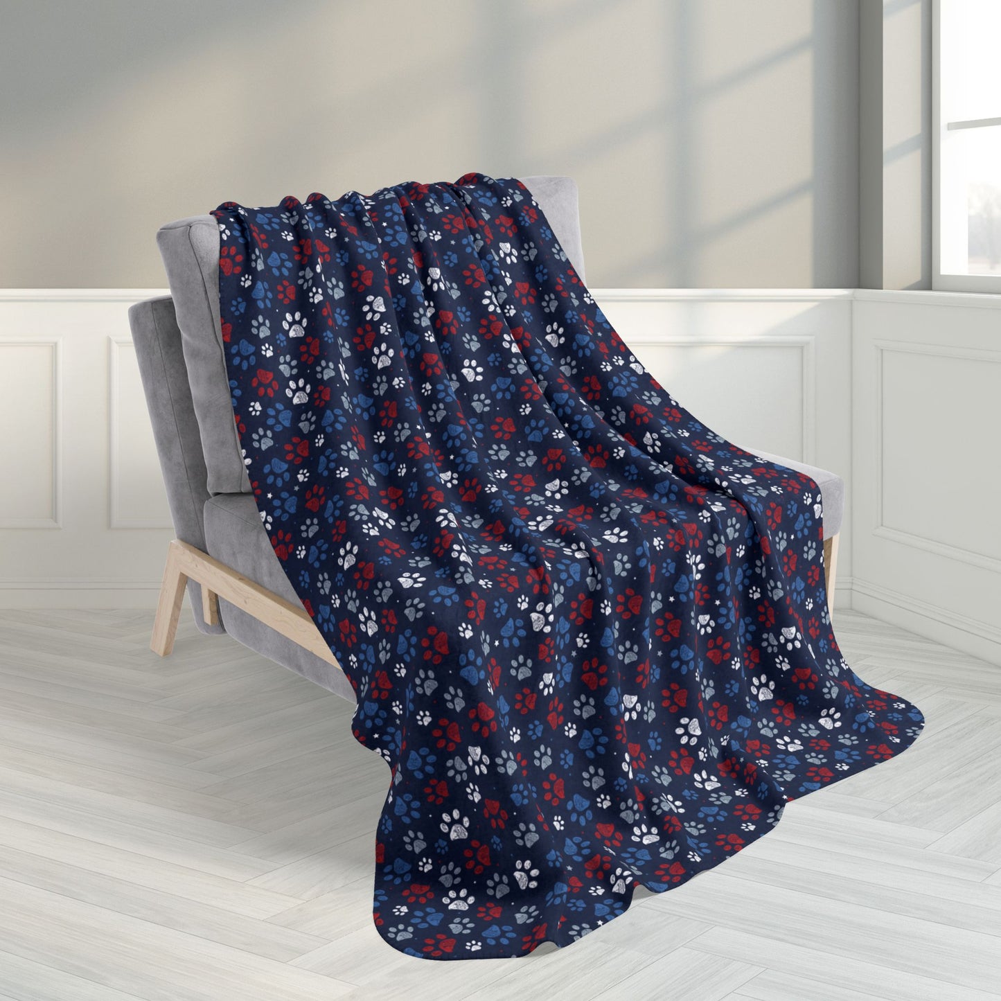 50" × 60" American U.S.A. Red & White Paw Prints Blue Fleece Sherpa Blanket
