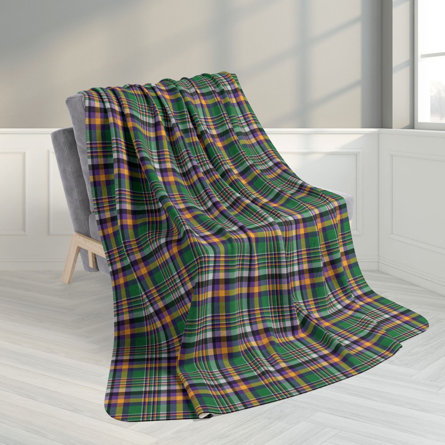 60" × 80" Mardi Gras Green Plaid Fleece Sherpa Blanket