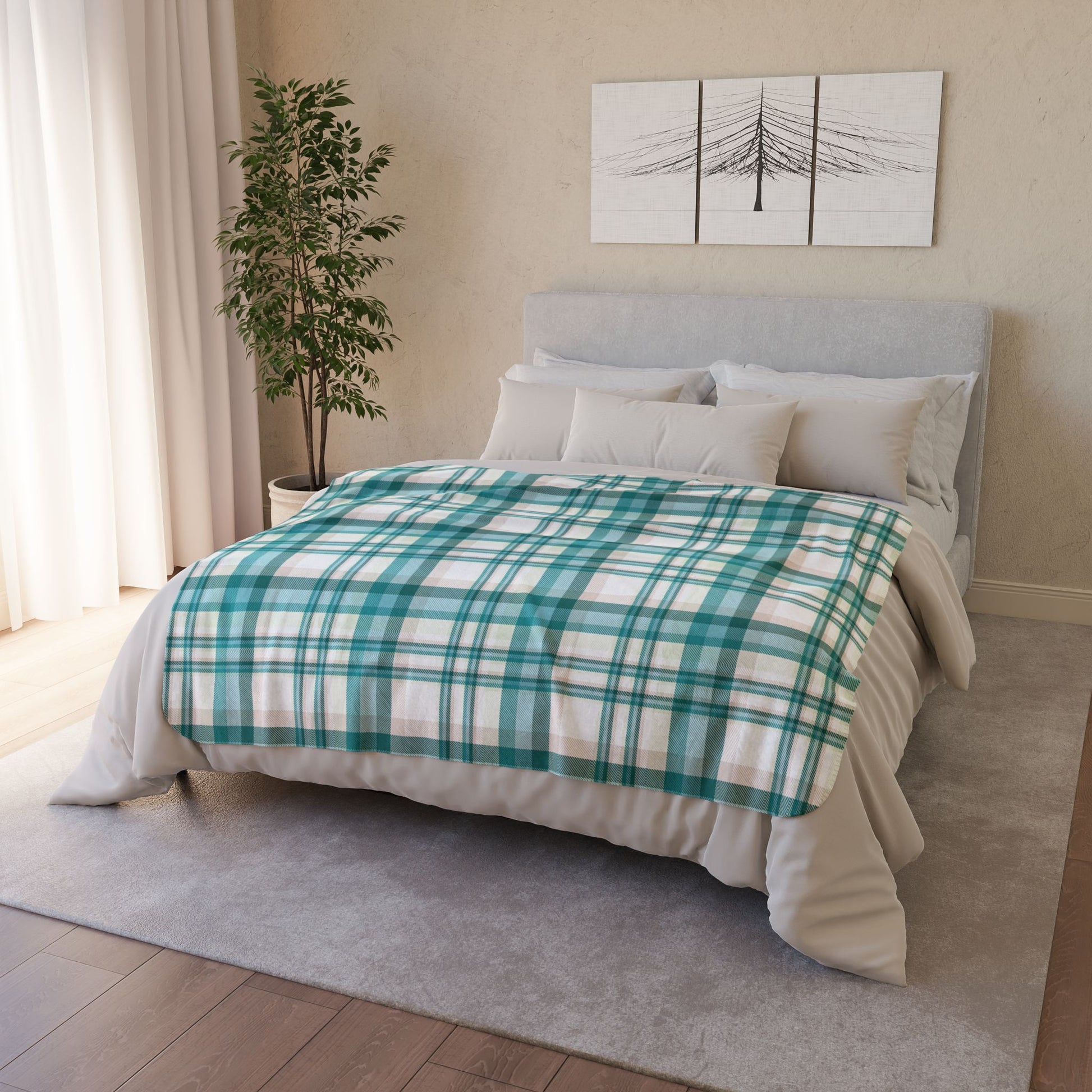 Coastal Teal Plaid Fleece Sherpa Blanket