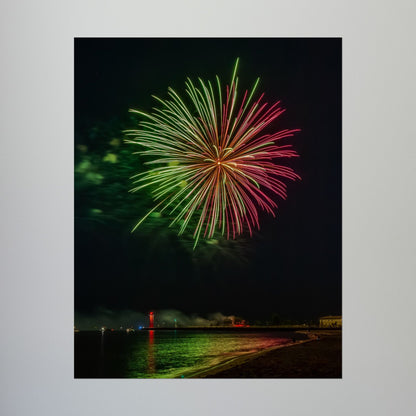 Green & Pink 4th of July Fireworks over Kenosha Pier Light Rolled Poster