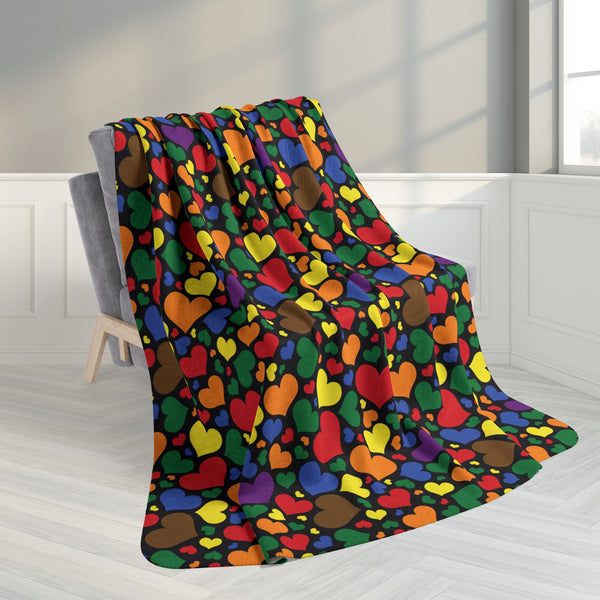 60" × 80" PoC Rainbow Pride Hearts Black Fleece Sherpa Blanket