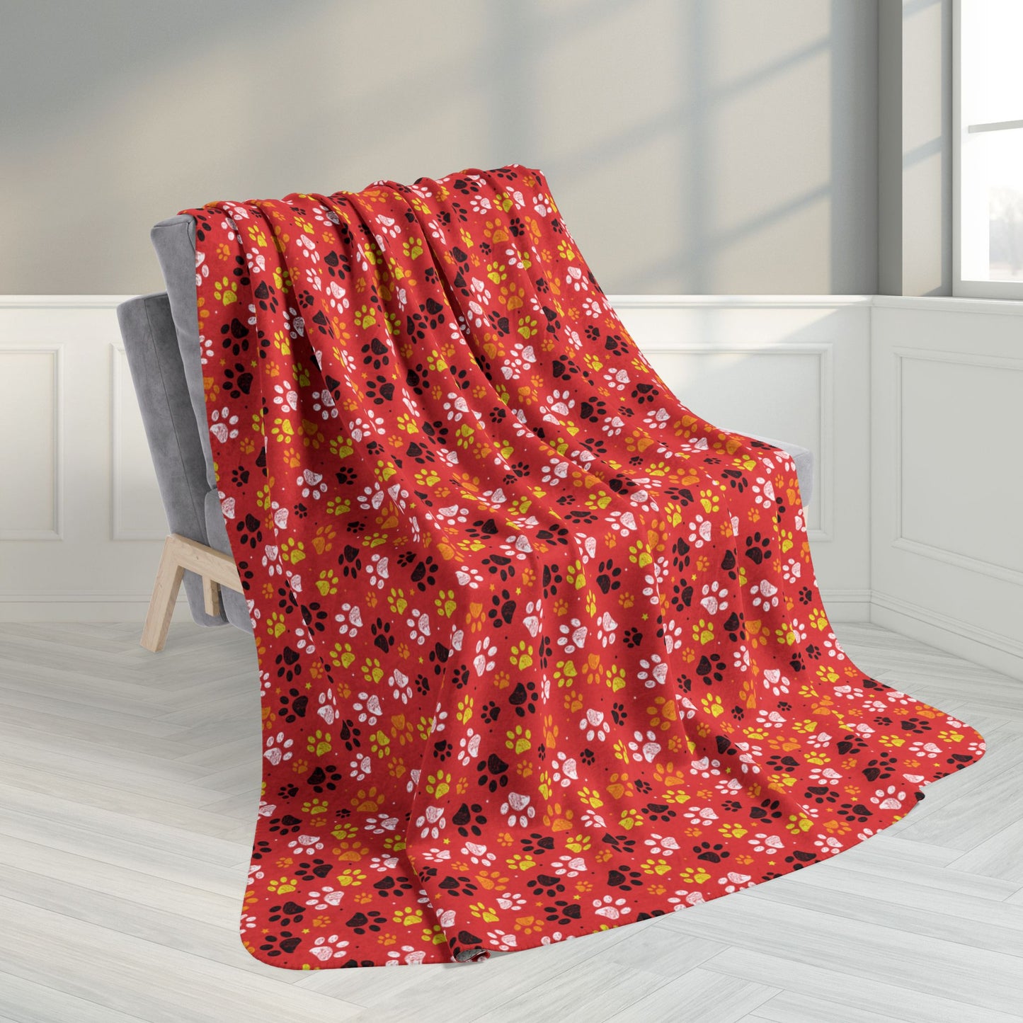 60" × 80" Grey Yellow & White Ohio Paw Prints Red Fleece Sherpa Blanket