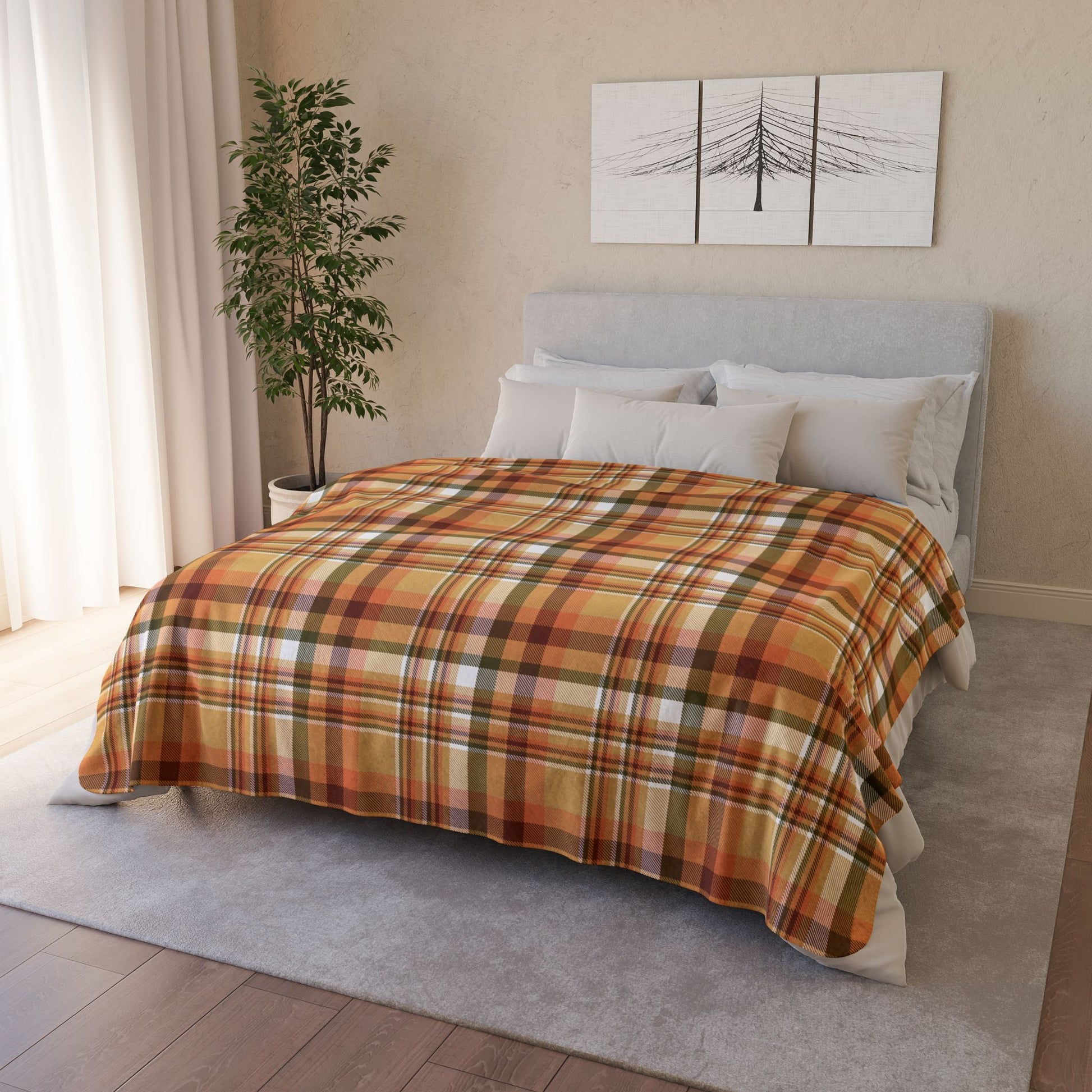 Autumn Tan Plaid Fleece Sherpa Blanket