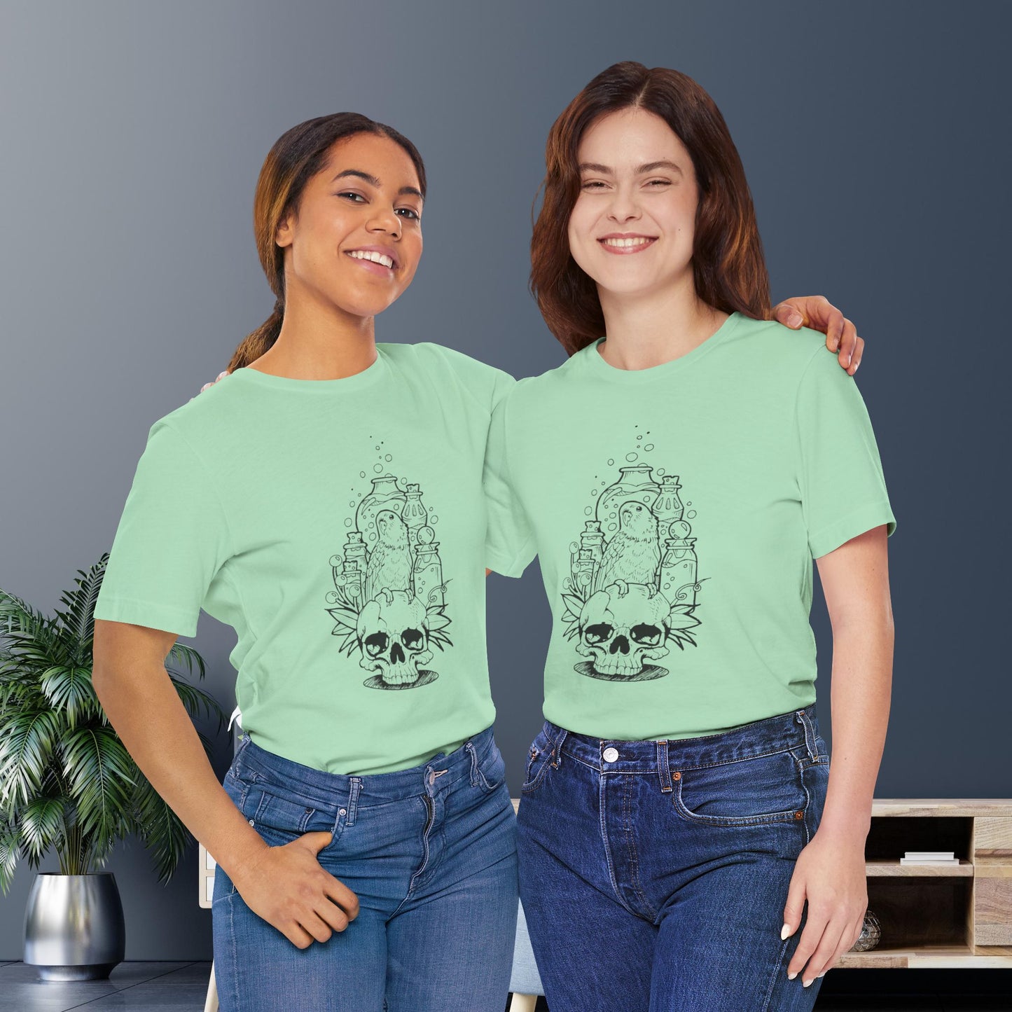 Crazy Scientist Lovebird Sitting on a Skull, Line Art Tee