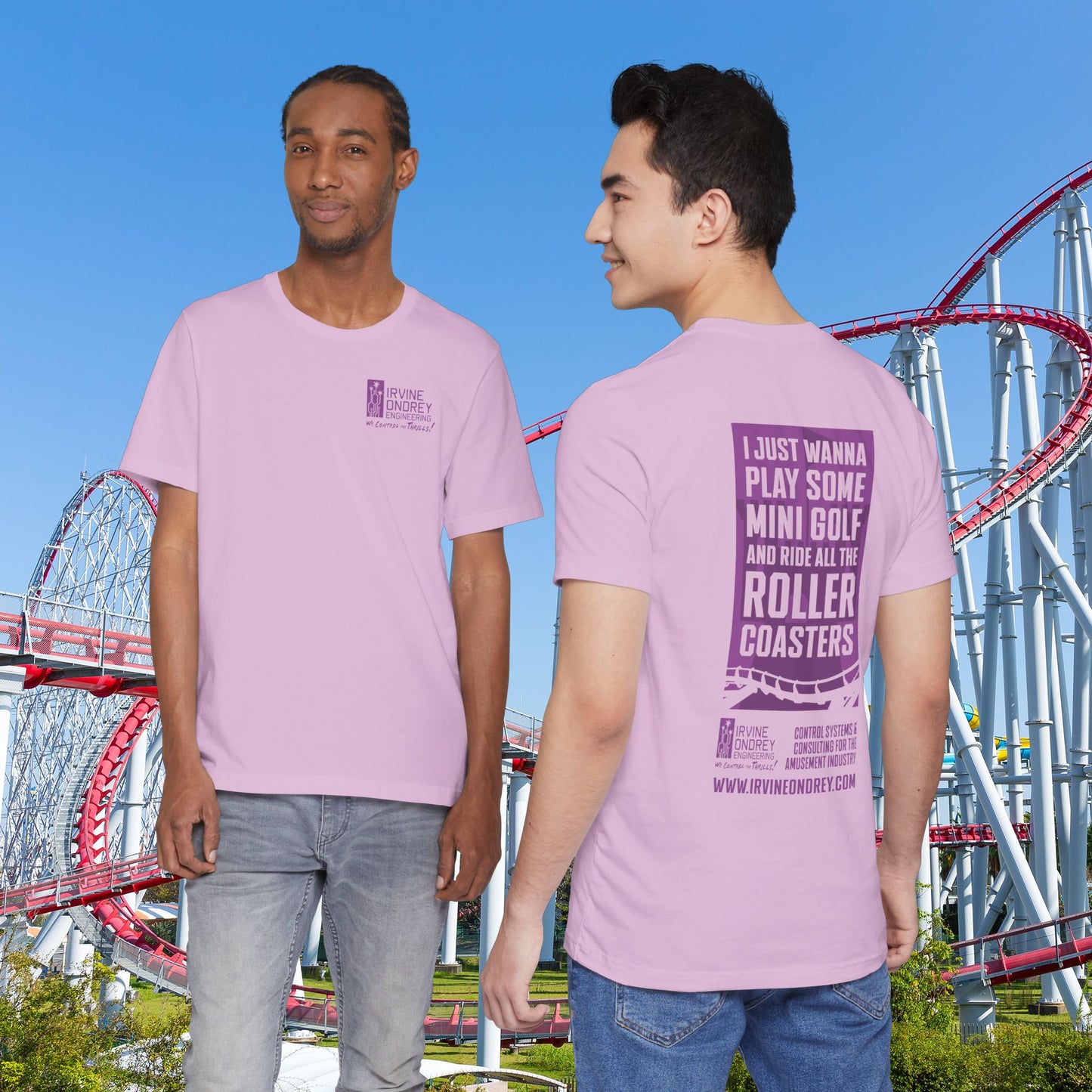 Lilac I Just Wanna Play Mini Golf & Ride Roller Coasters Tee (BACK graphic) • Irvine Ondrey Engineering