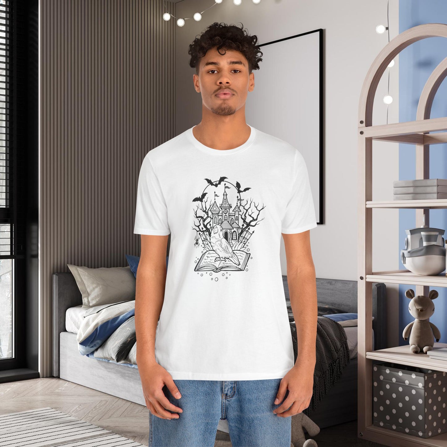 Lovebird on a Spell Book by a Haunted House, Line Art Tee