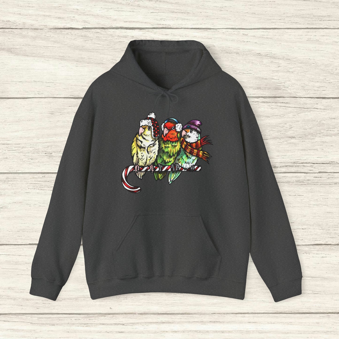 3 Lovebirds with Winter Wear & Perched on a Candy Cane, Hooded Sweatshirt