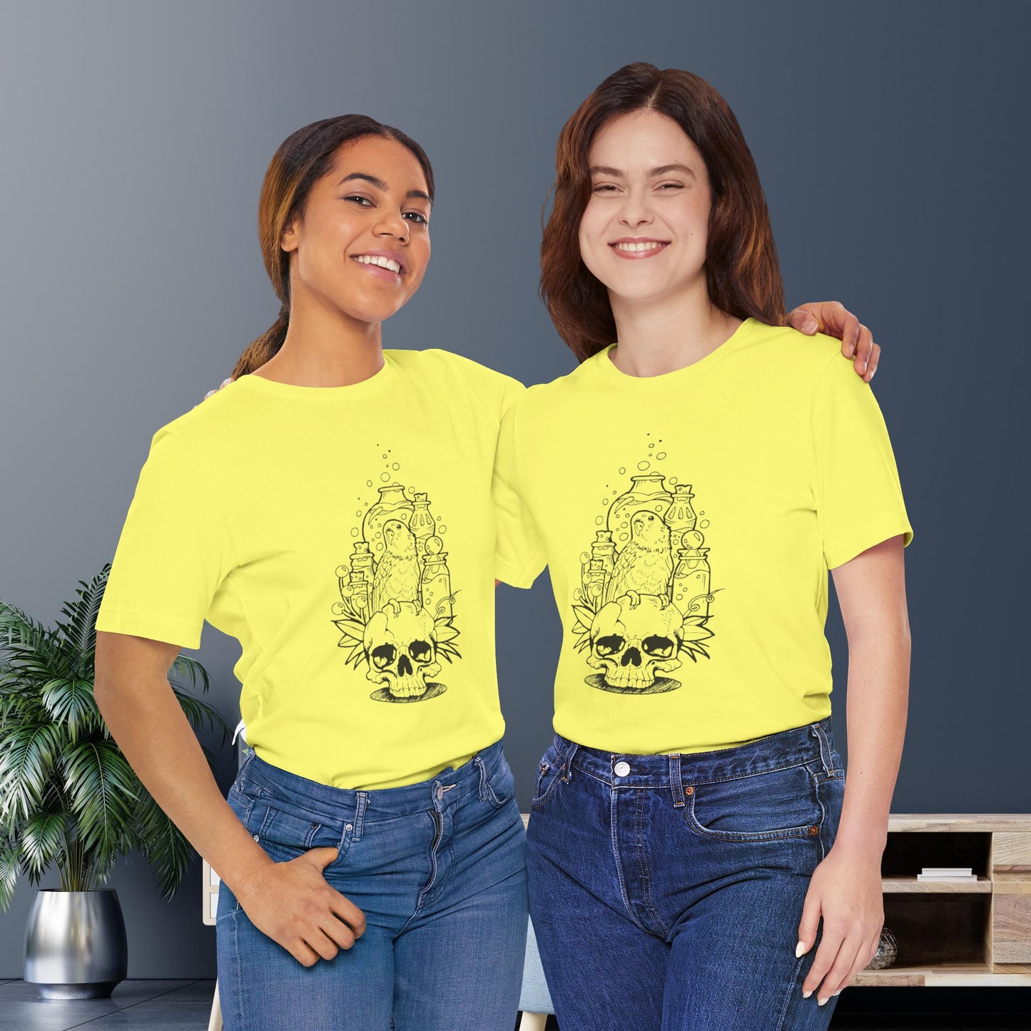 Crazy Scientist Lovebird Sitting on a Skull, Line Art Tee