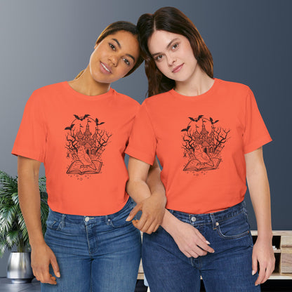 Lovebird on a Spell Book by a Haunted House, Line Art Tee