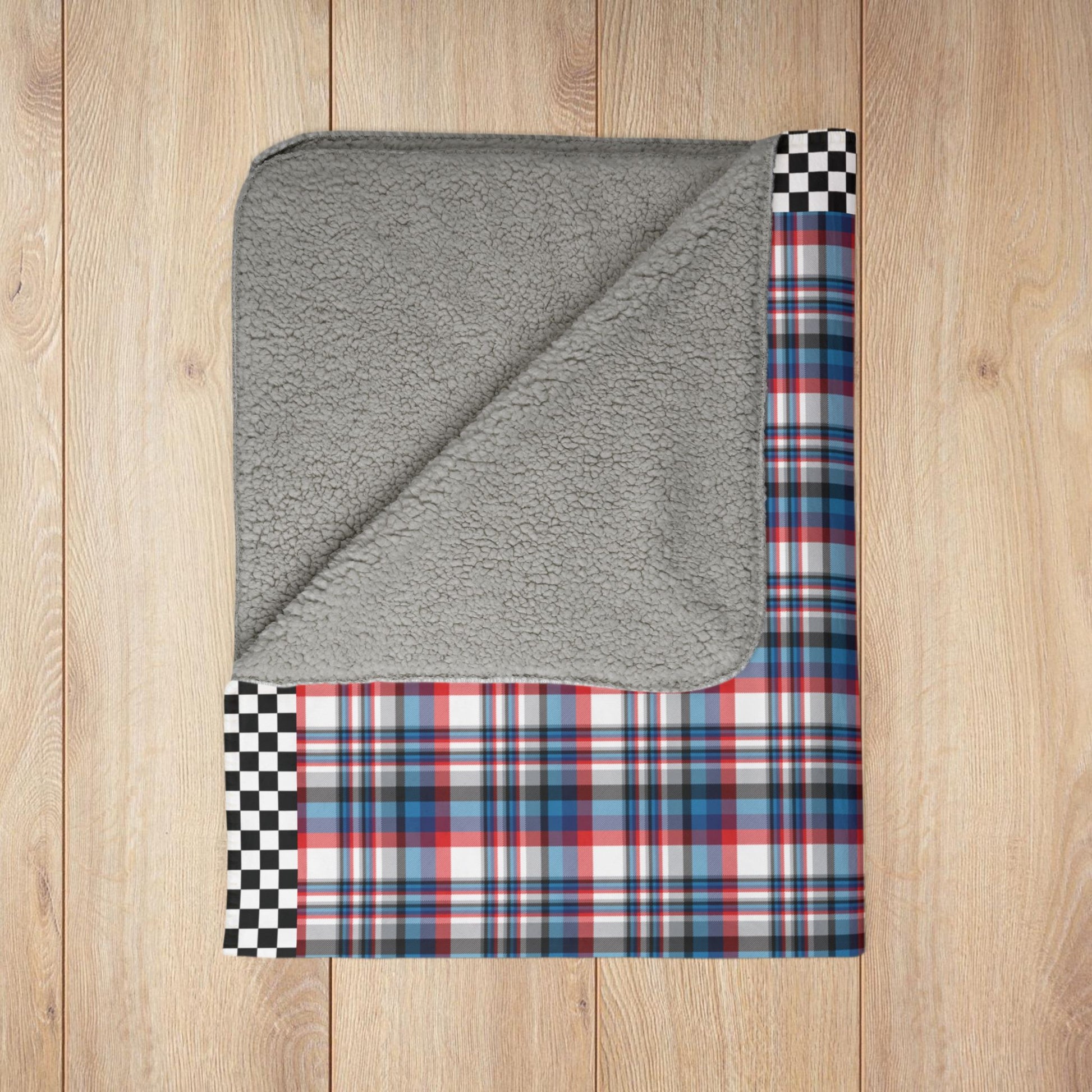 White, Red, Blue & Grey Ohio Plaid with Checkered Edge Fleece Sherpa Blanket