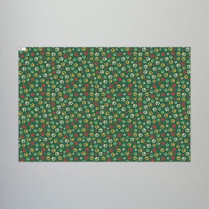 MCM Christmas Green, Gold, Red & Cream Paw Print Gift Wrapping Paper Roll