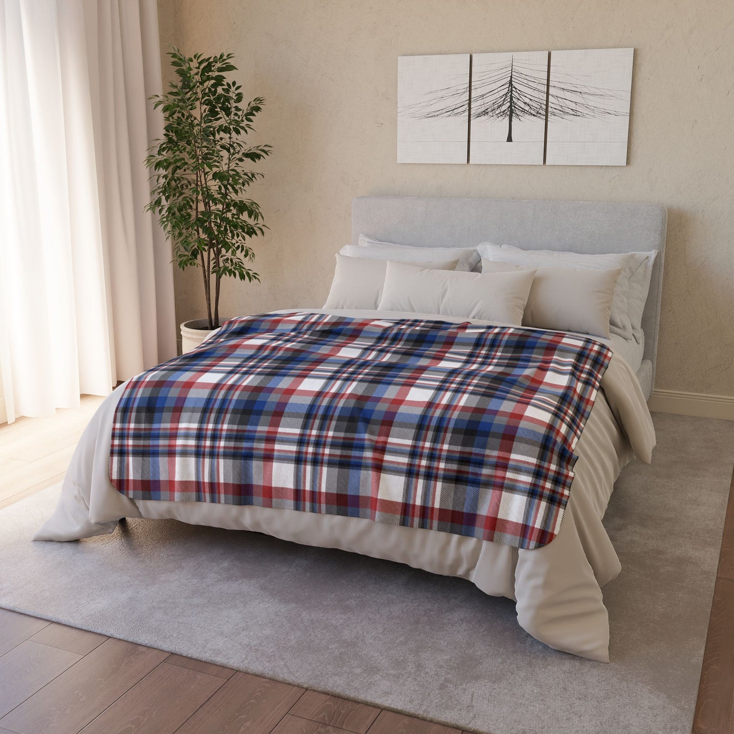 White, Grey, Red & Blue Gurnee IL Plaid Fleece Sherpa Blanket