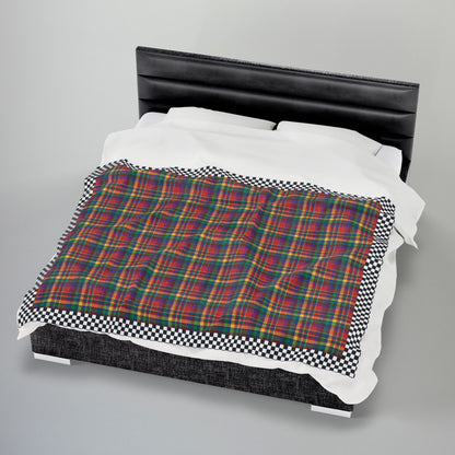 Red, Yellow, Green, Blue & Purple Sandusky OH Plaid with Checkered Edge Velveteen Plush Blanket