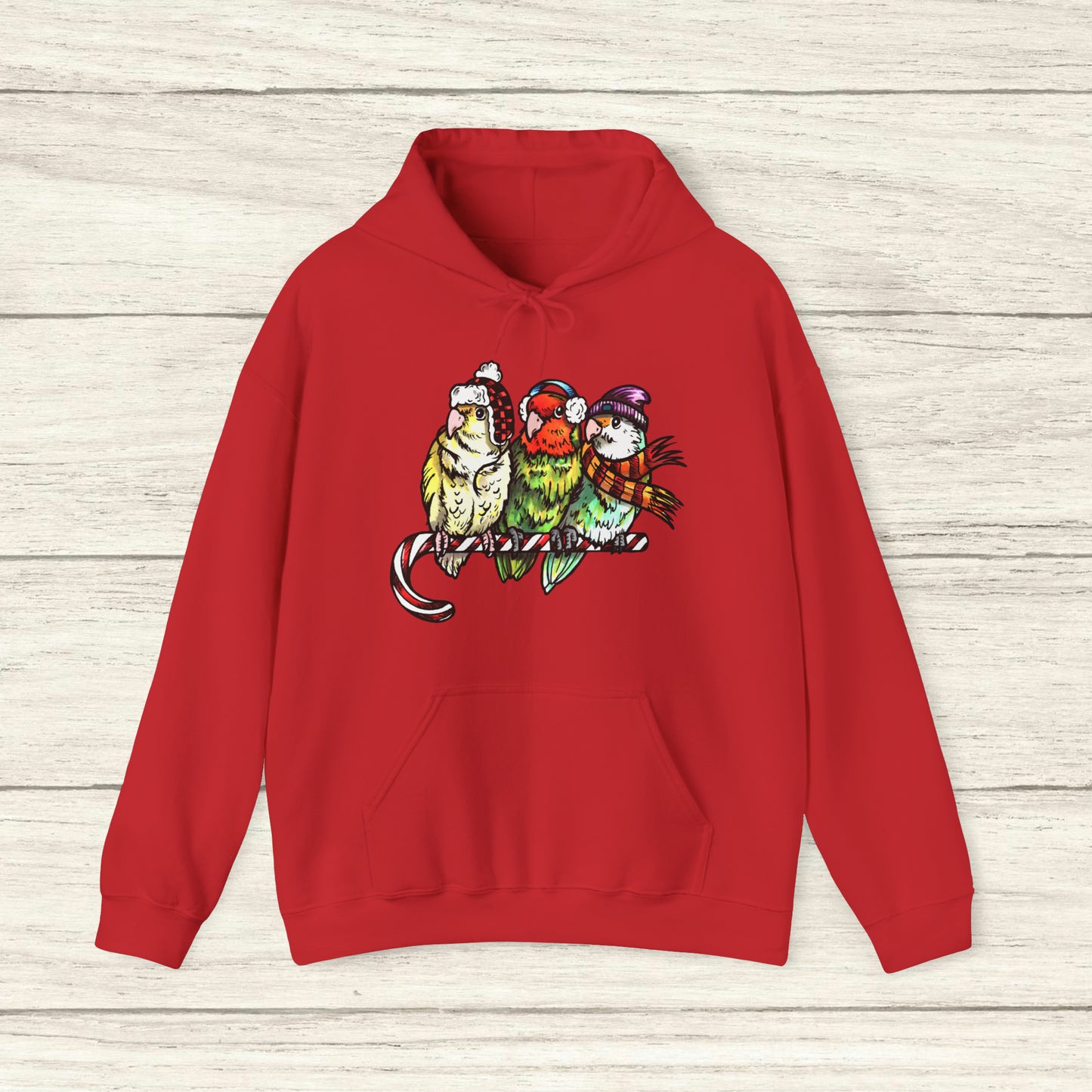 3 Lovebirds with Winter Wear & Perched on a Candy Cane, Hooded Sweatshirt