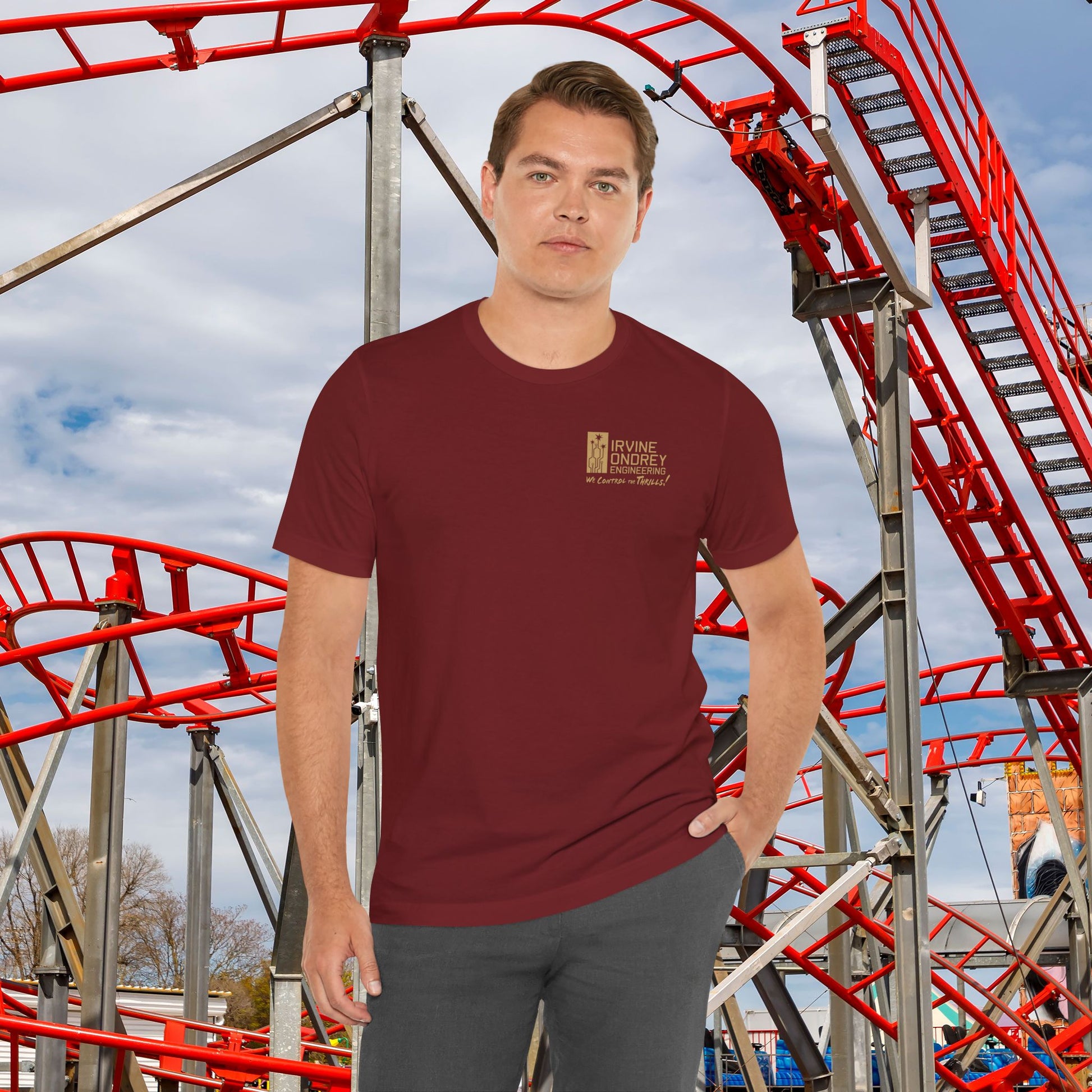 I Just Wanna Watch Football & Ride Roller Coasters Tee (BACK graphic) • Irvine Ondrey Engineering