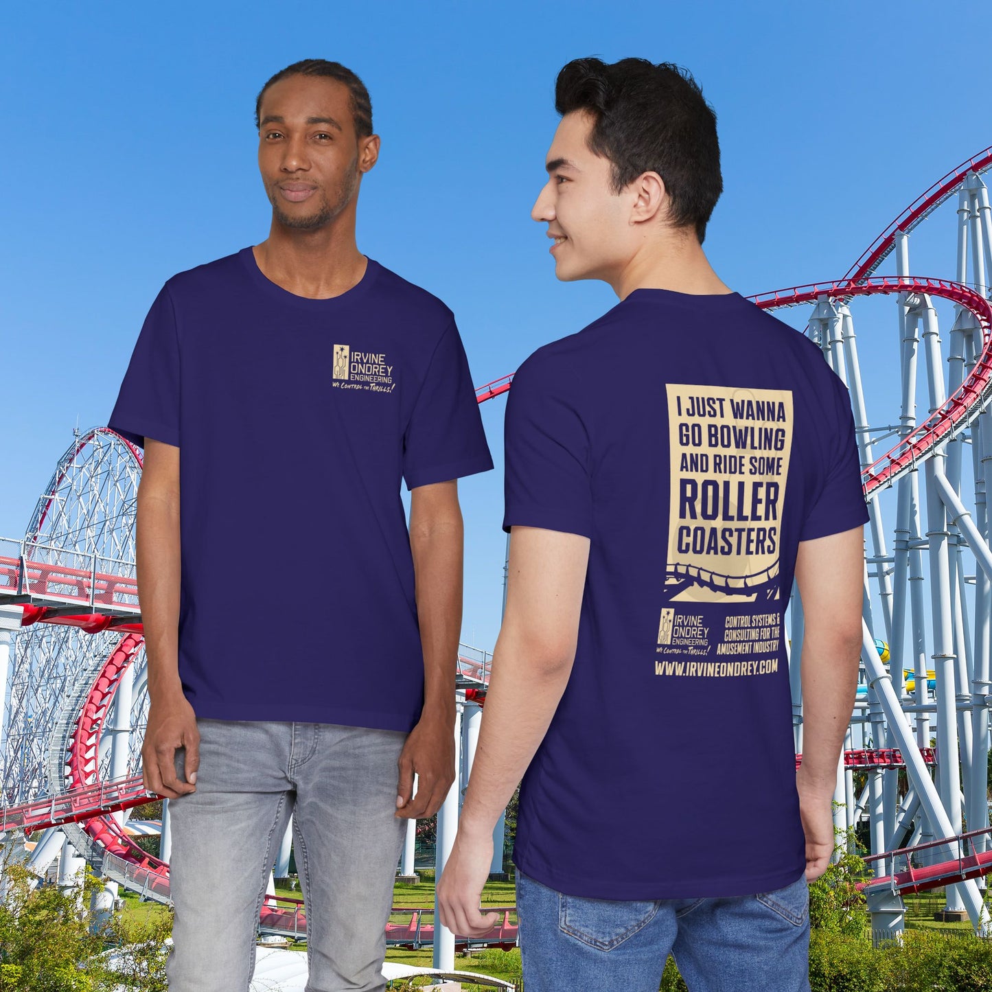 Team Navy I Just Wanna Go Bowling & Ride Roller Coasters Tee (BACK graphic) • Irvine Ondrey Engineering
