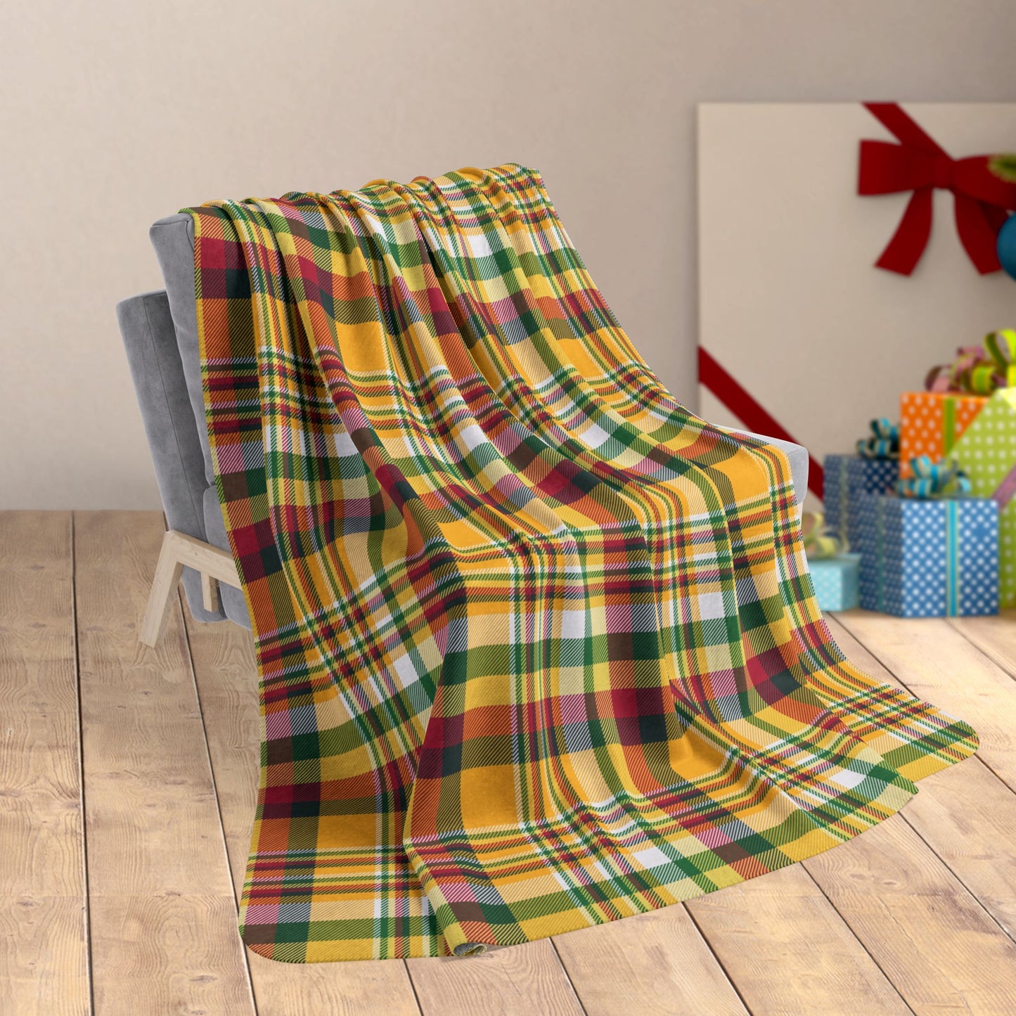 60" × 80" Christmas Green & Gold Green Bay WI Plaid Fleece Sherpa Blanket