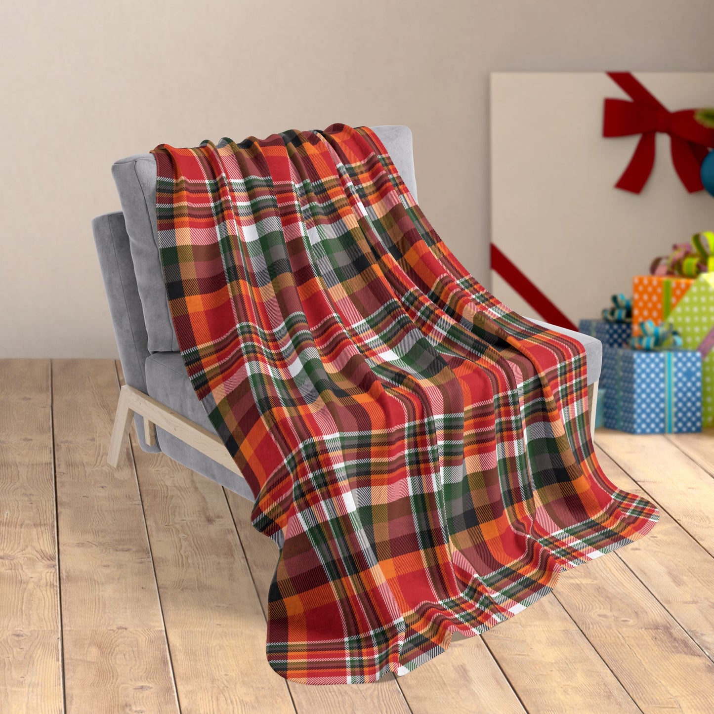 50" × 60" Christmas Red & Pewter Tampa Bay FL Plaid Fleece Sherpa Blanket