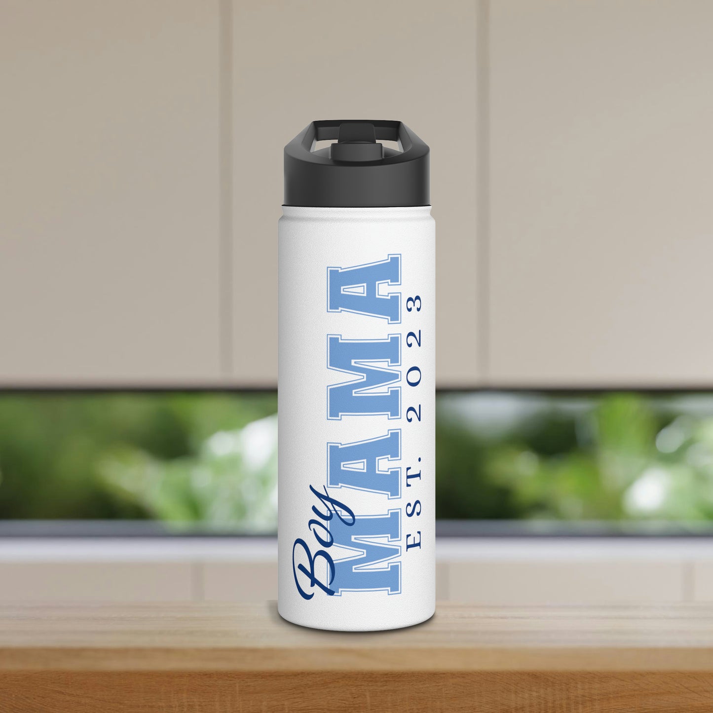 Boy Mama EST. 2023 Stainless-Steel Water Bottle with Built-In Straw, 12oz, 18oz & 32oz