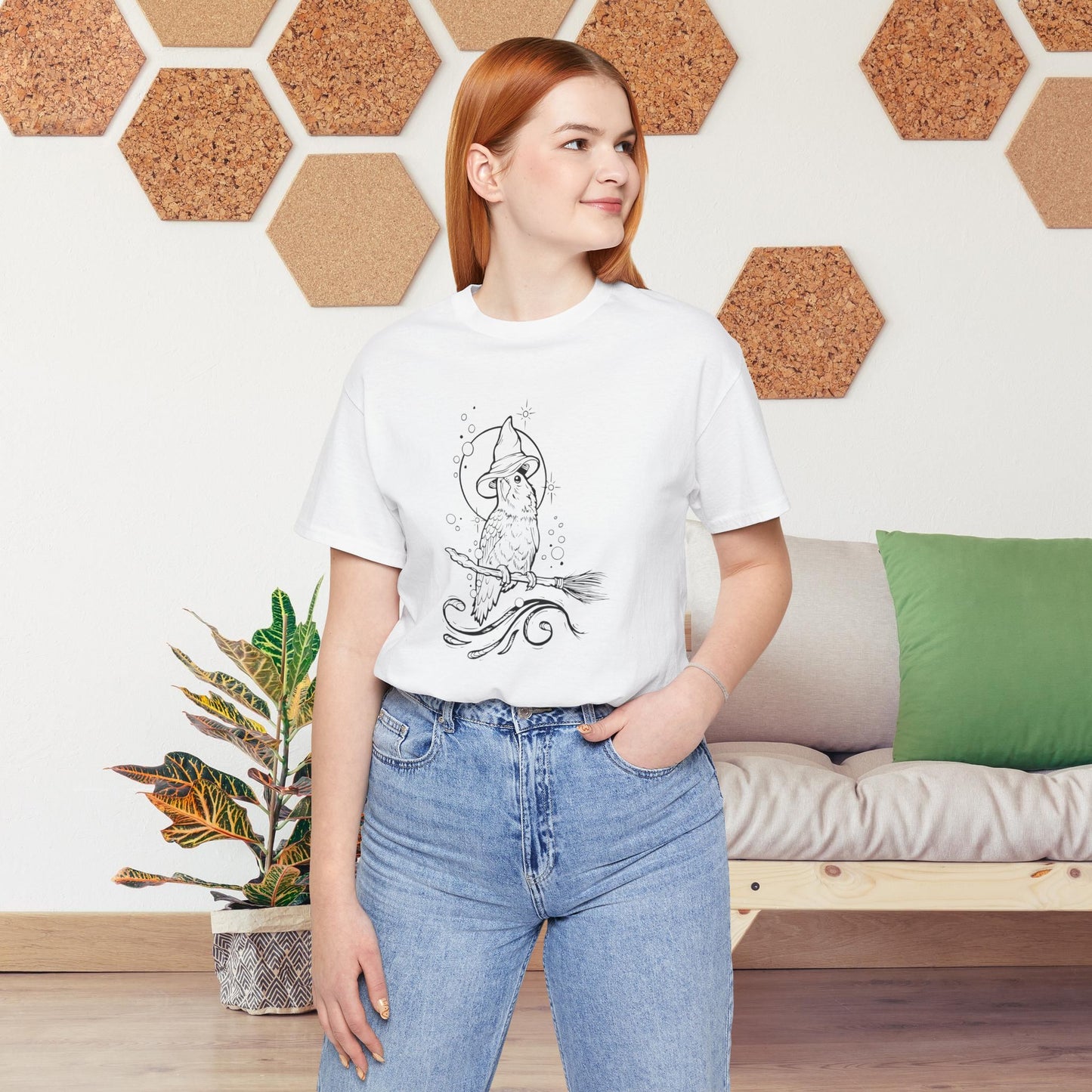 Lovebird Witch on a Broom, Line Art Tee