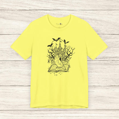 Lovebird on a Spell Book by a Haunted House, Line Art Tee