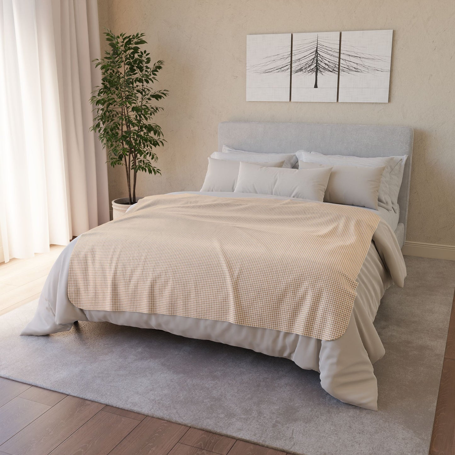 50" × 60" Beige Pale Gold & White Gingham Fleece Sherpa Blanket