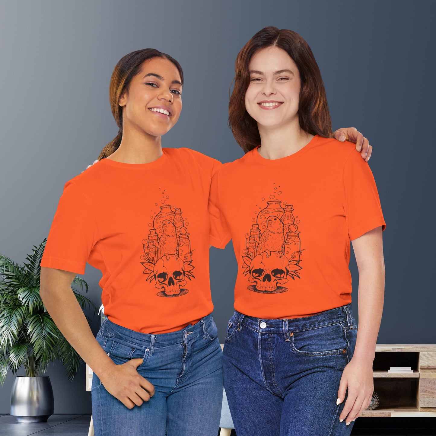 Crazy Scientist Lovebird Sitting on a Skull, Line Art Tee