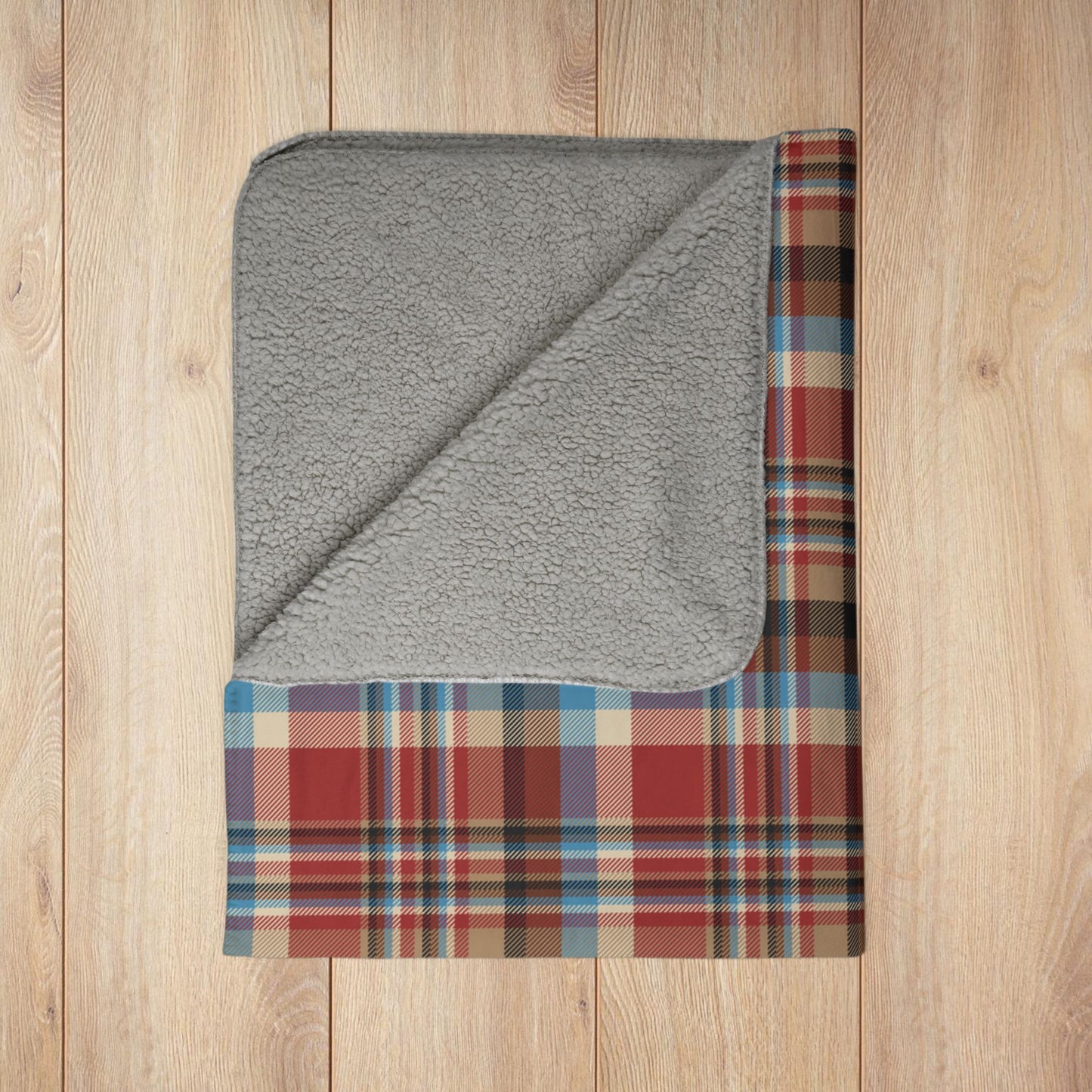 Rustic Red, Cream, Brown & Blue Plaid Fleece Sherpa Blanket