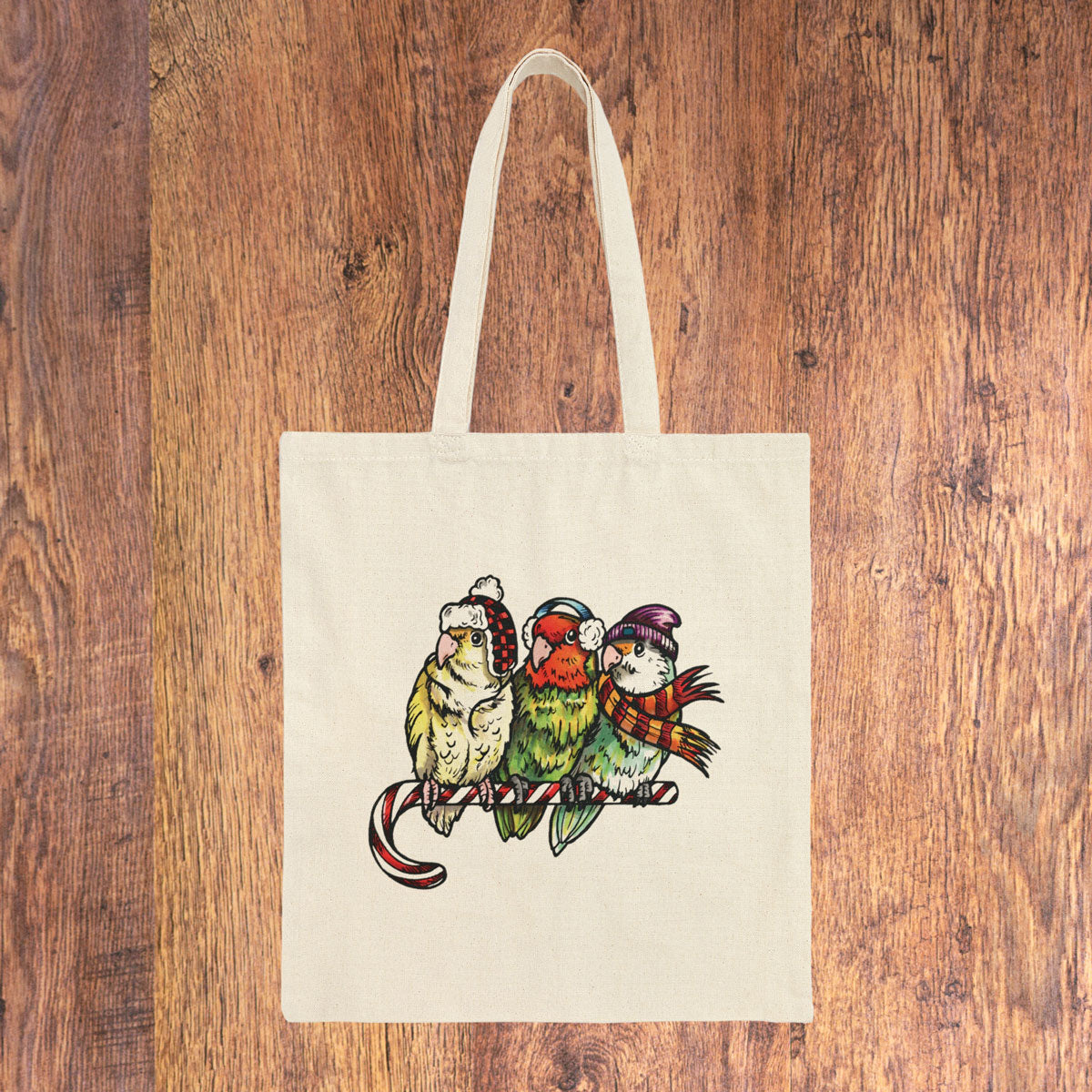 3 Lovebirds with Winter Wear & Perched on a Candy Cane, Cotton Canvas Tote Bag