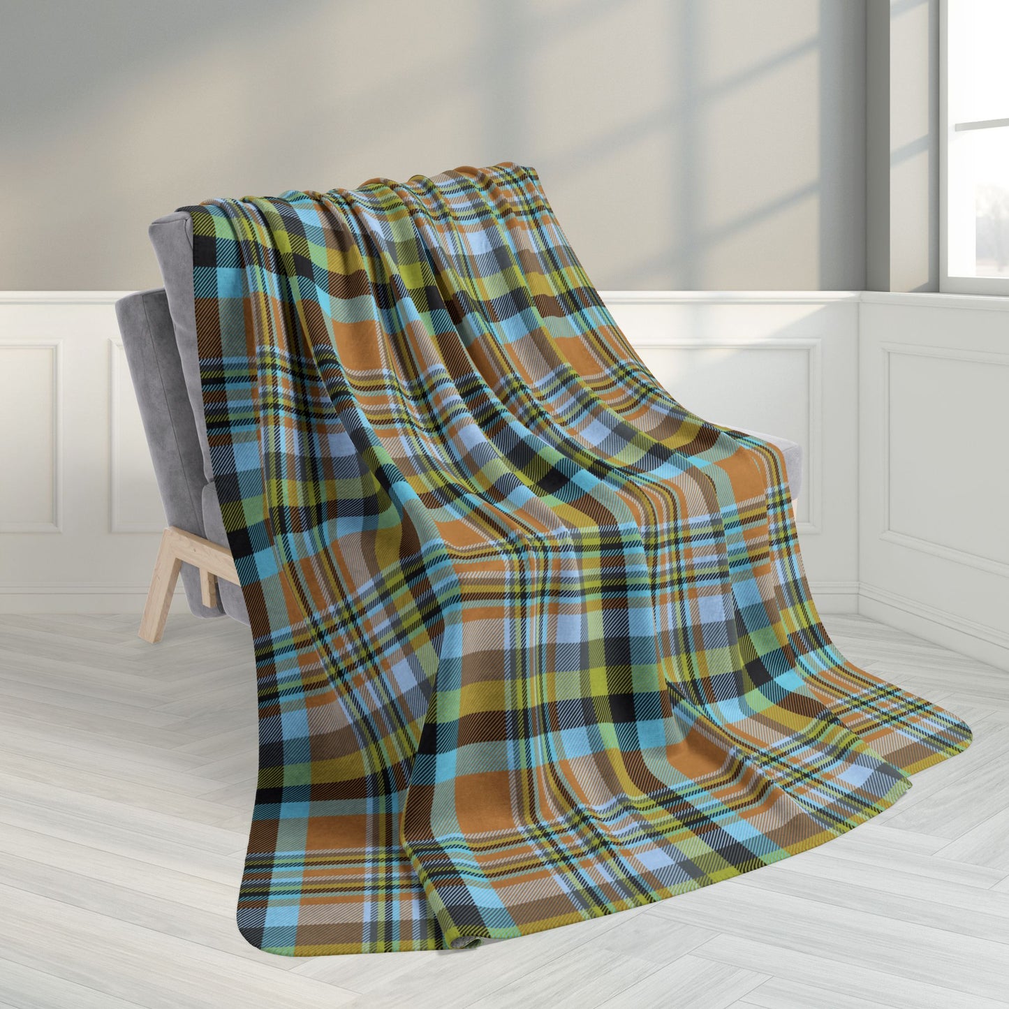 60" × 80" Grey Brown, Green & Blue Mason OH Plaid Fleece Sherpa Blanket