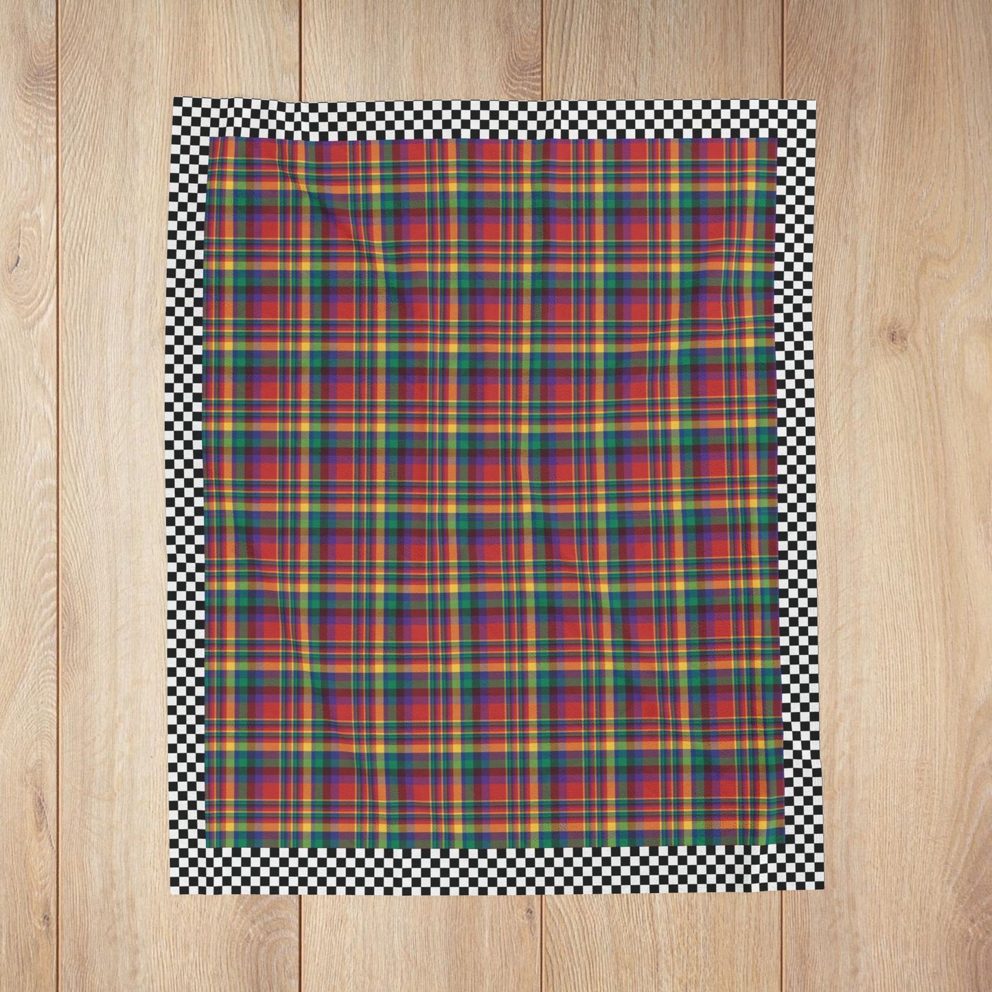 Red, Yellow, Green, Blue & Purple Ohio Plaid with Checkered Edge Velveteen Plush Blanket