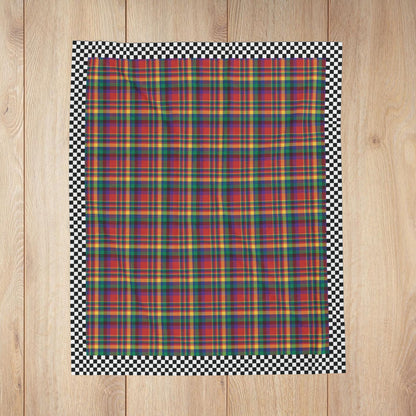 Red, Yellow, Green, Blue & Purple Ohio Plaid with Checkered Edge Velveteen Plush Blanket