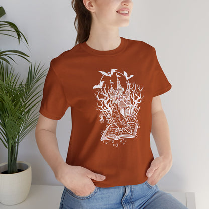 Lovebird on a Spell Book by a Haunted House, Line Art Tee