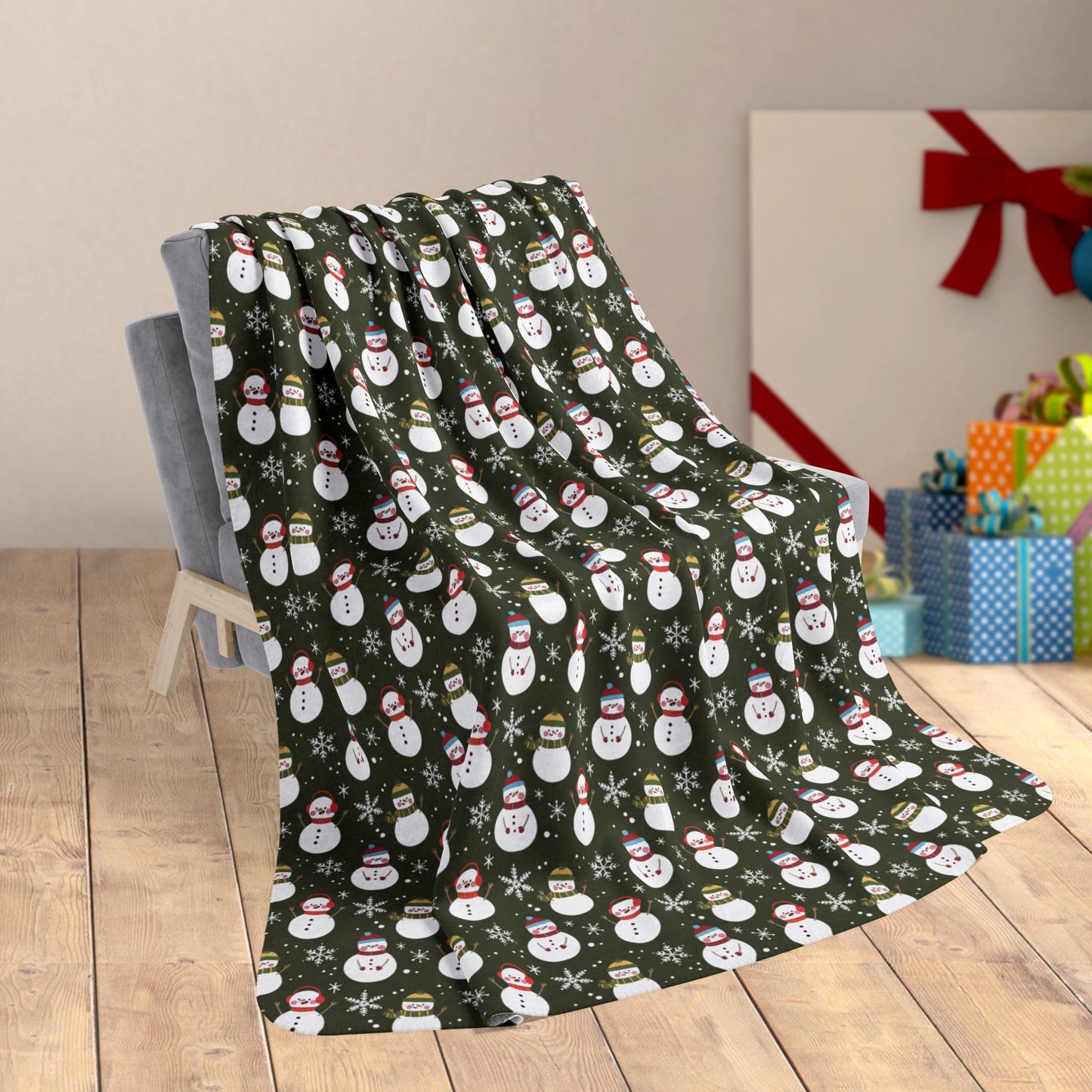 60" × 80" Christmas Red & Green Snowman Olive Fleece Sherpa Blanket