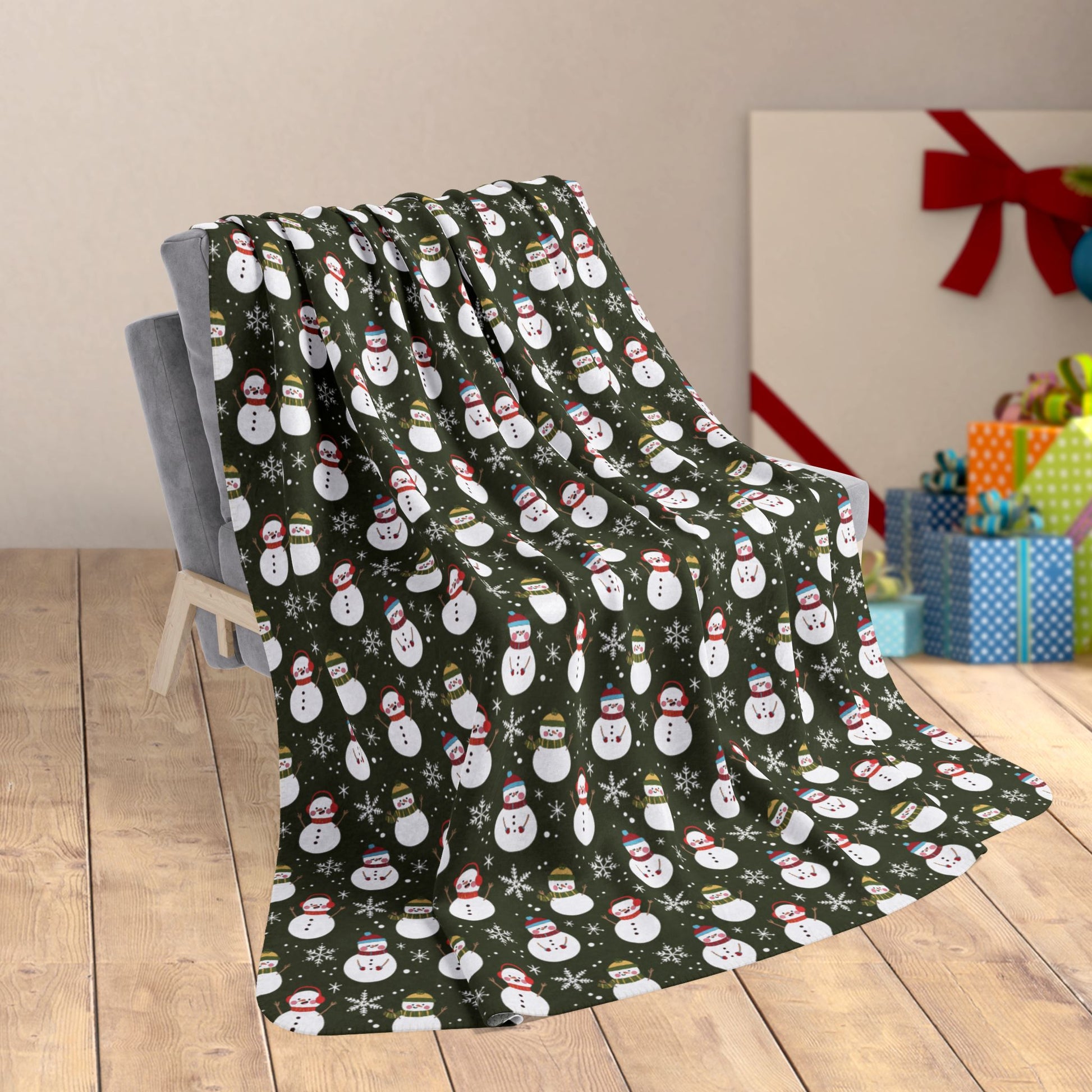 60" × 80" Christmas Red & Green Snowman Olive Fleece Sherpa Blanket